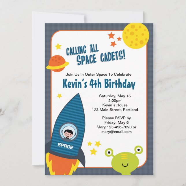 Invitación de cumpleaños del niño del espacio exte (Anverso)