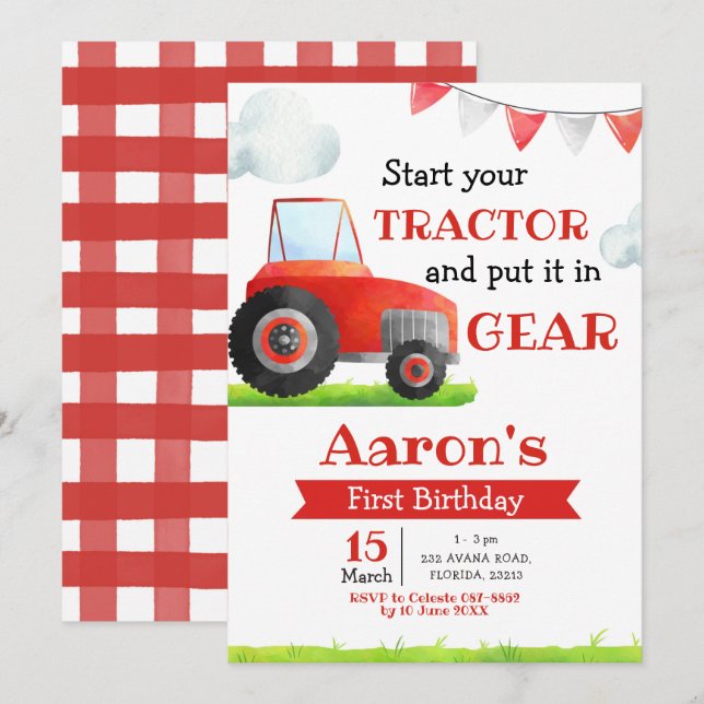 Invitación de cumpleaños del niño del Tractor Rojo (Anverso / Reverso)