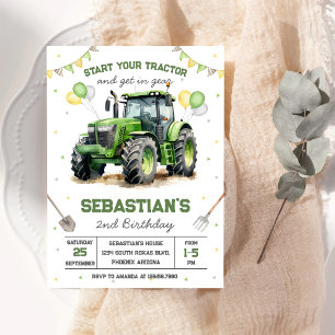 Invitación de cumpleaños del niño del tractor verd