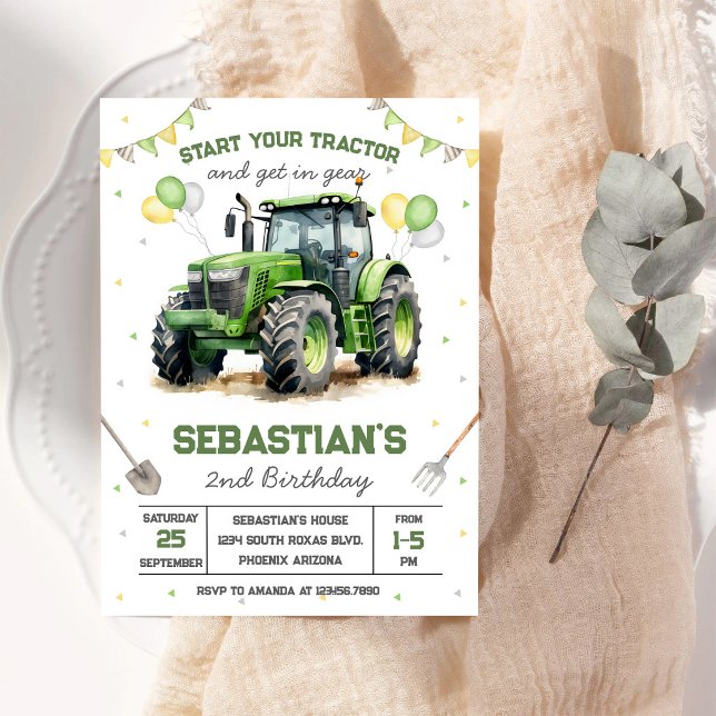 Invitación de cumpleaños del niño del tractor verd (Subido por el creador)
