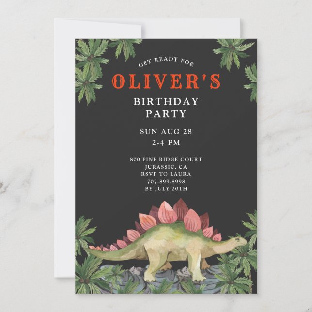 Invitación de cumpleaños del niño dinosaurio (Anverso)