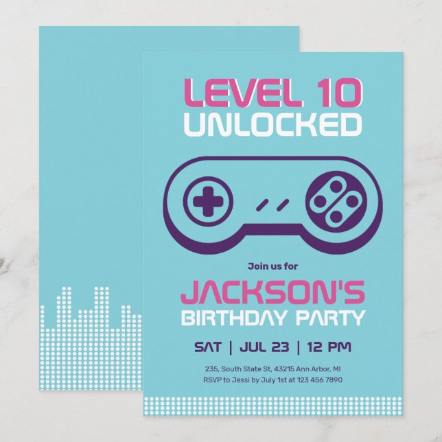 Invitación de cumpleaños del niño jugador de nivel (Anverso / Reverso)