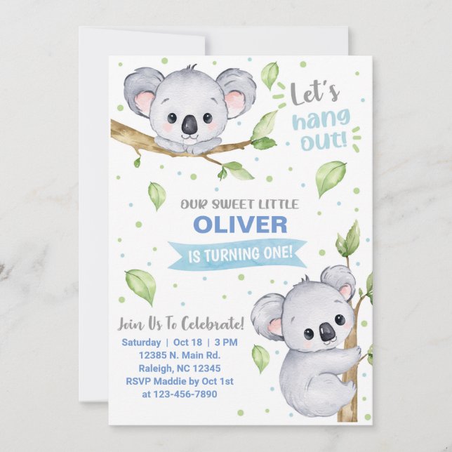Invitación de cumpleaños del niño Koala, de cualqu (Anverso)