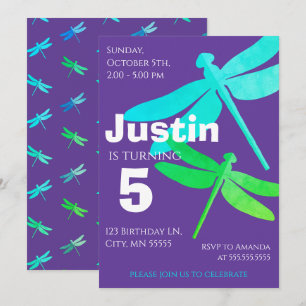 Invitación de cumpleaños del niño libélula púrpura