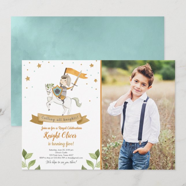 Invitación de cumpleaños del niño medieval real (Anverso / Reverso)