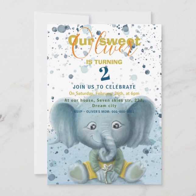 Invitación de cumpleaños del niño pequeño elefante (Anverso)