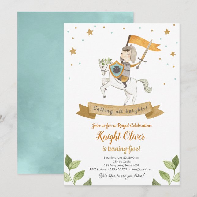 Invitación de cumpleaños del niño real medieval (Anverso / Reverso)