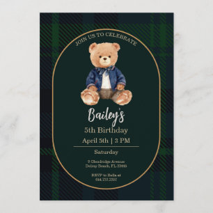 Invitación de cumpleaños del osito de cuadros clás