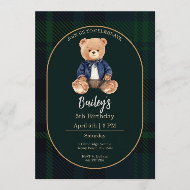 Invitación de cumpleaños del osito de cuadros clás (Anverso)