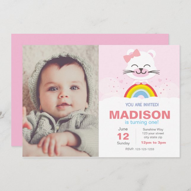 Invitación de cumpleaños del oso arcoiris (Anverso / Reverso)