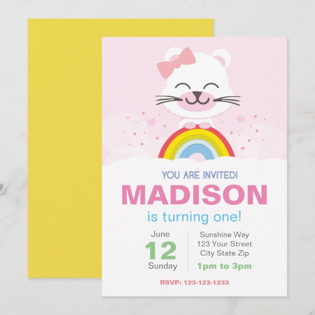 Invitación de cumpleaños del oso arcoiris (Anverso / Reverso)