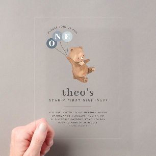 Invitación de cumpleaños del oso con 3 globos azul