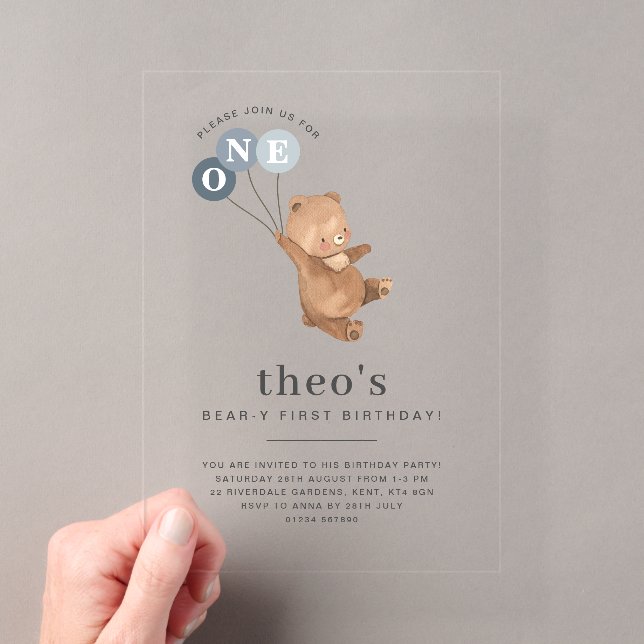 Invitación de cumpleaños del oso con 3 globos azul (Insitu (portátil))
