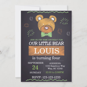 Invitación de cumpleaños del oso de amarre verde