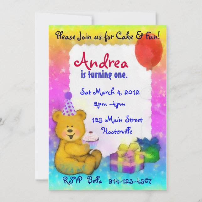 Invitación de cumpleaños del oso de peluche (Anverso)