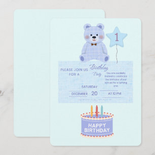 Invitación de Cumpleaños del Oso de Peluche Azul -