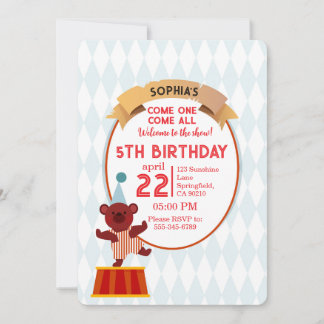 Invitación de cumpleaños del oso del circo lindo