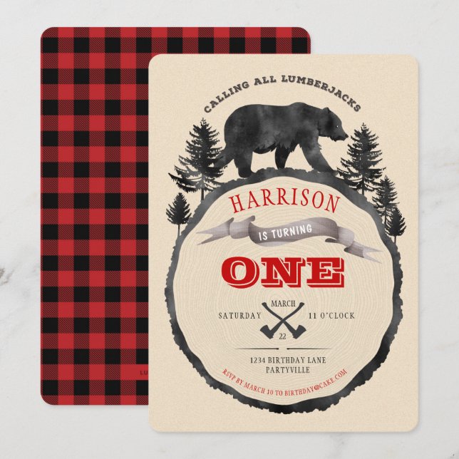 Invitación de cumpleaños del oso negro y el leñado (Anverso / Reverso)