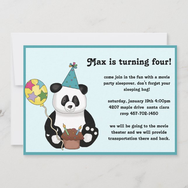 Invitación de cumpleaños del oso panda (Anverso)