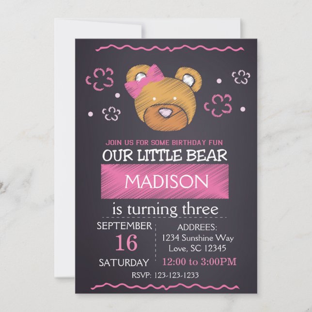 Invitación de cumpleaños del oso rosado (Anverso)