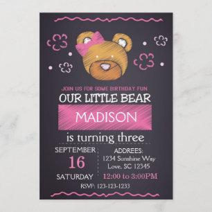 Invitación de cumpleaños del oso rosado