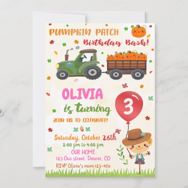 Invitación de cumpleaños del parche de calabaza Cu (Anverso)