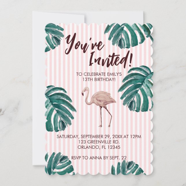 Invitación de cumpleaños del Pastel Rosa Flamingo (Anverso)