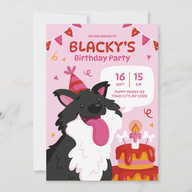 Invitación de cumpleaños del perro dibujado a mano (Anverso)