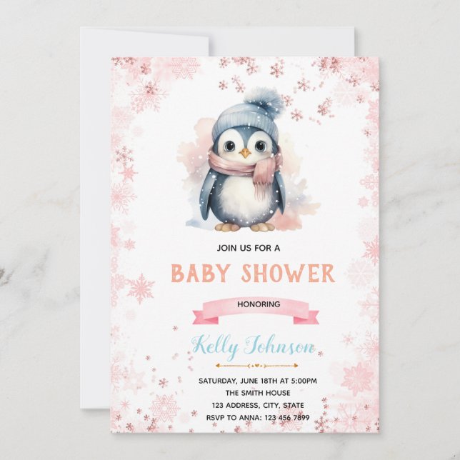 Invitación de cumpleaños del pingüino de invierno  (Anverso)