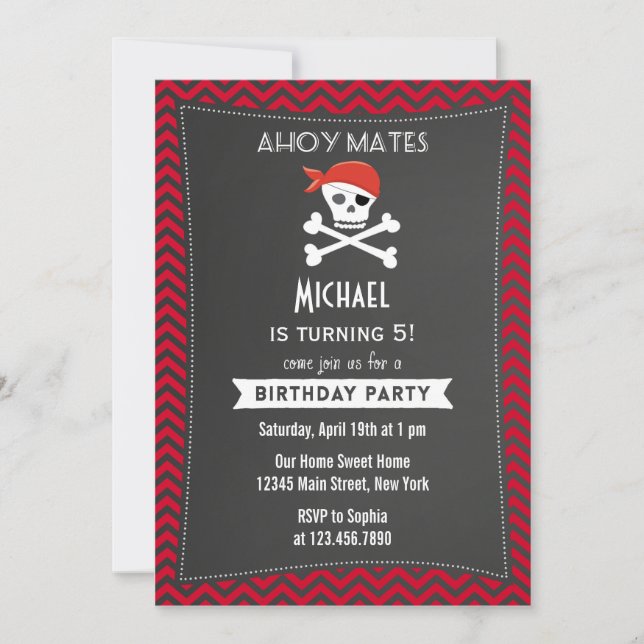 Invitación de cumpleaños del pirata ruso roja (Anverso)