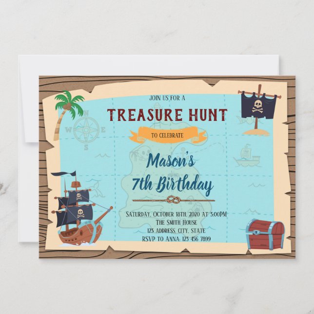 Invitación de cumpleaños del pirata Treasure Hunt (Anverso)