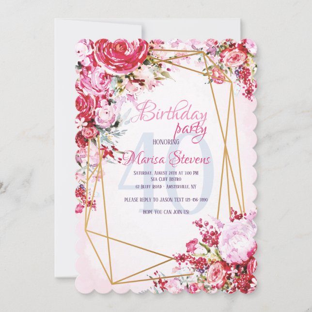 Invitación de cumpleaños del polígono floral (Anverso)