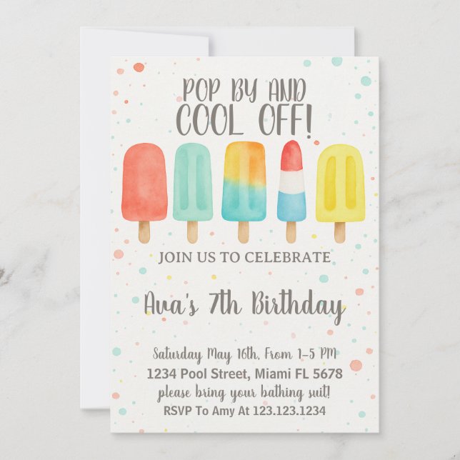 Invitación de cumpleaños del Pop de Hielo colorido (Anverso)