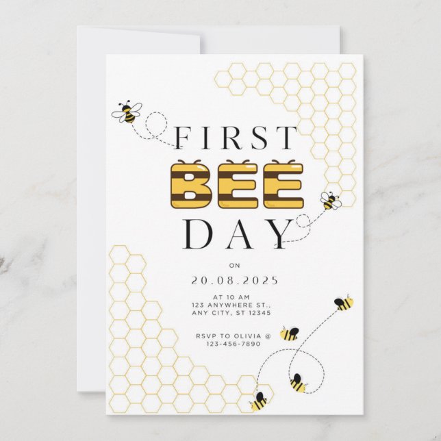 Invitación de cumpleaños del primer día de abeja (Anverso)