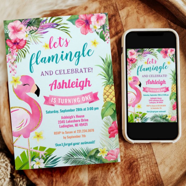 Invitación de cumpleaños del primer verano tropica (Tropical Flamingo 1st Birthday Invitation.)