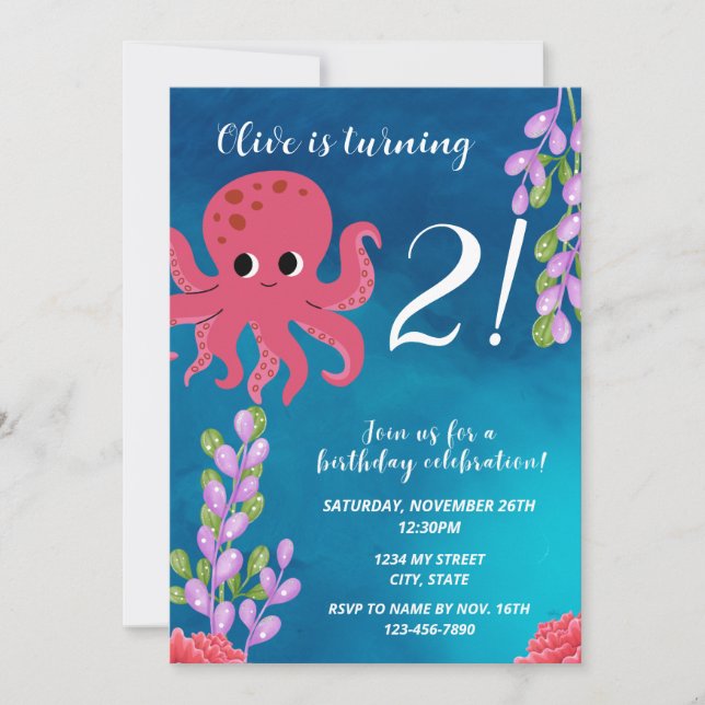 Invitación de cumpleaños del pulpo rosado (Anverso)