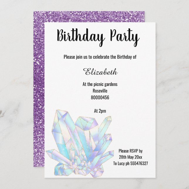 INVITACIÓN DE CUMPLEAÑOS DEL PURPURINA DE CRISTAL  (Anverso / Reverso)