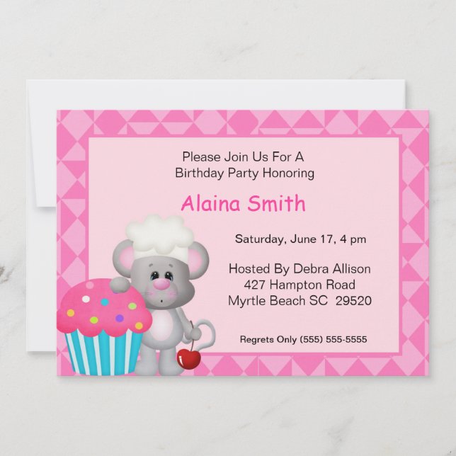 Invitación de cumpleaños del ratón de torta de caf (Anverso)