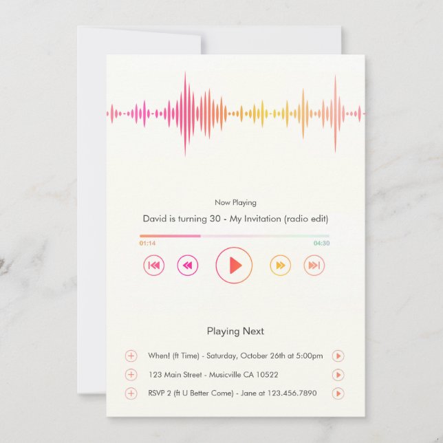 Invitación de cumpleaños del reproductor musical (Anverso)