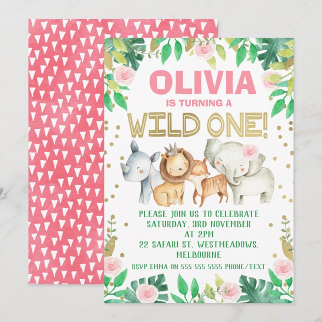 Invitación de cumpleaños del safari color verde ro (Anverso / Reverso)