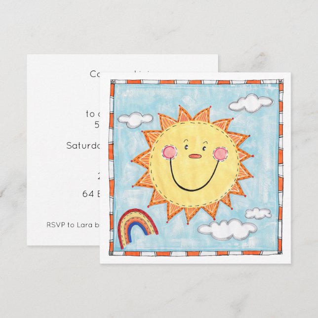 Invitación de cumpleaños del sol sonriente persona (Anverso / Reverso)