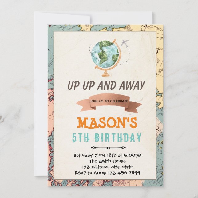 Invitación de cumpleaños del tema de viajes (Anverso)
