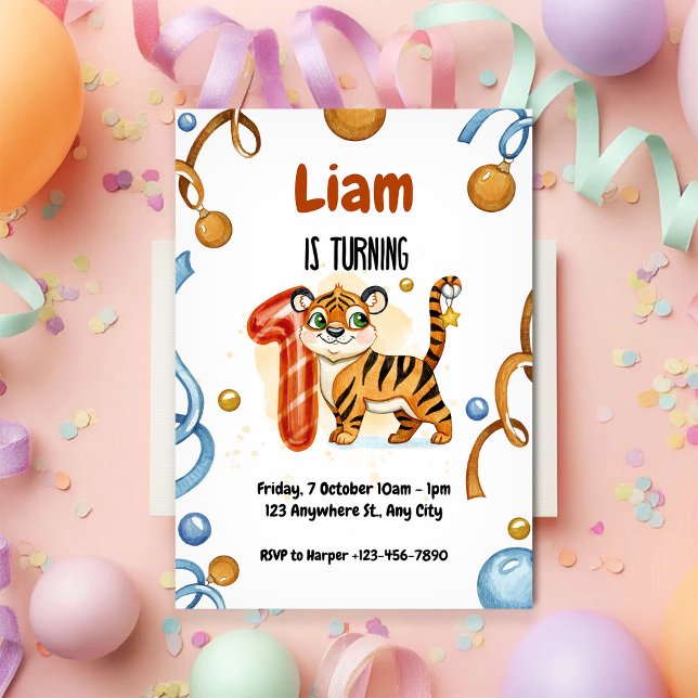 Invitación de cumpleaños del Tigre Adorable 1er Cu (Subido por el creador)