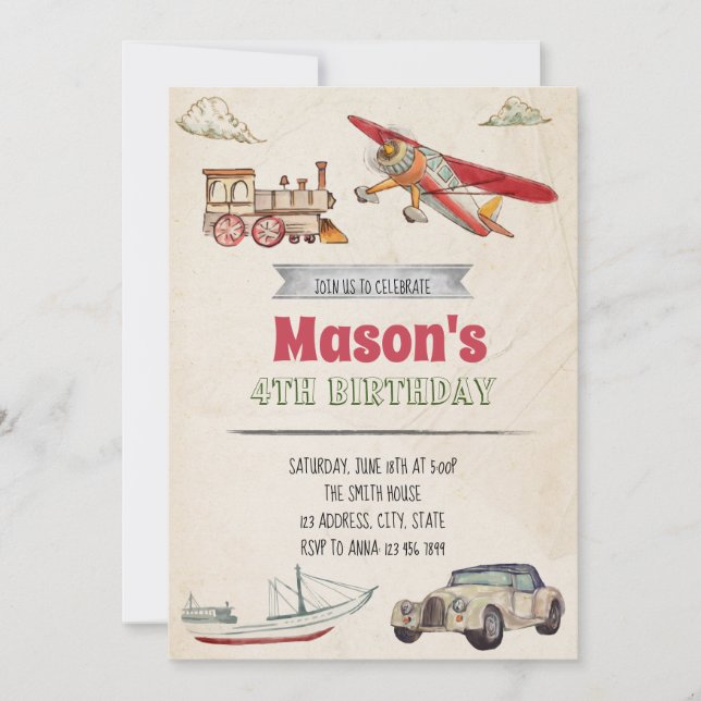 Invitación de cumpleaños del transporte (Anverso)