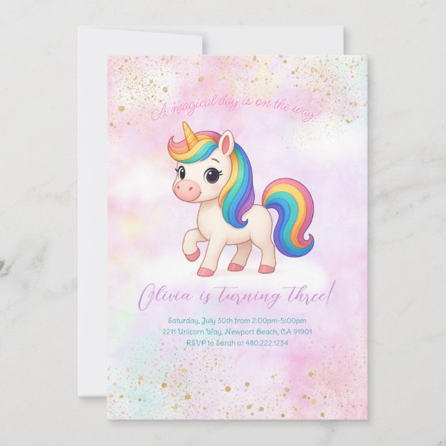 Invitación de cumpleaños del Unicornio Arcoíris (Anverso)