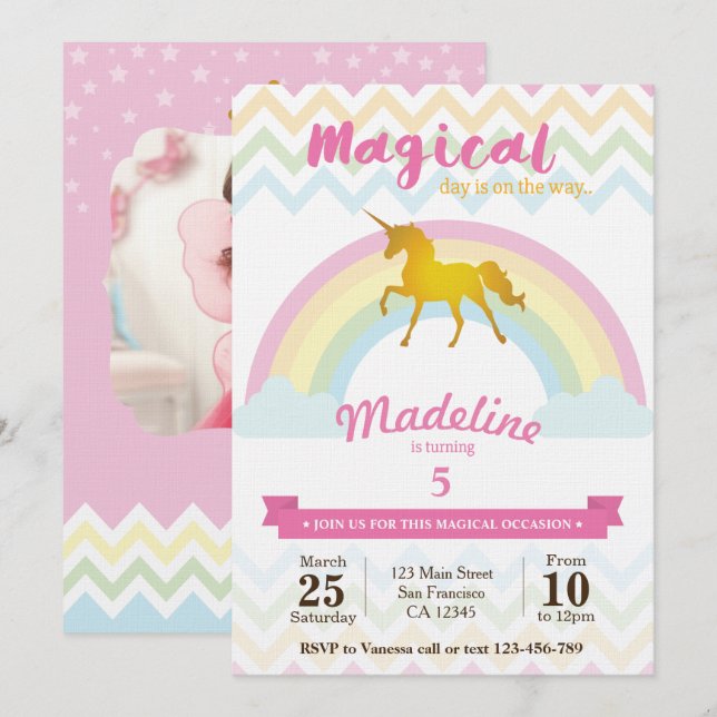 Invitación de cumpleaños del unicornio arcoiris (Anverso / Reverso)