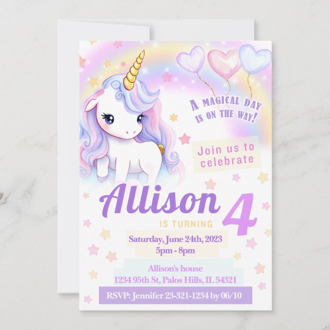 Invitación de cumpleaños del unicornio color arcoi (Anverso)