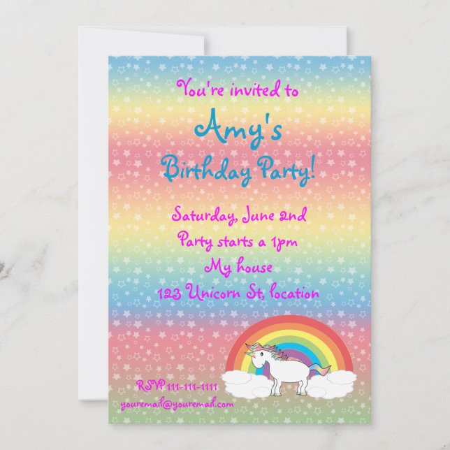 Invitación de cumpleaños del unicornio de estrella (Anverso)