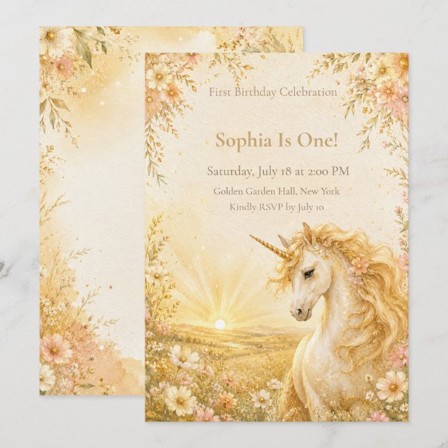 Invitación de cumpleaños del Unicornio de Sol Dora (Anverso / Reverso)