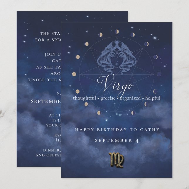 Invitación de cumpleaños del Zodiaco Virgo (Anverso / Reverso)